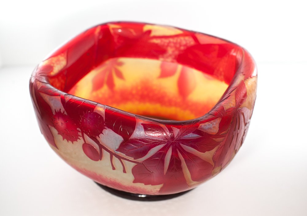 Daum Nancy French Cameo Glass Bowl: (1) 10 1/2" x 9" x 6 1/2". Rectangular bowl with rolled lip. Marked on bottom: Daum Nancy. Red floral cameo glass. Shipping: USPS or Fedex. $60.00. We will ship internationally for the actual shipping