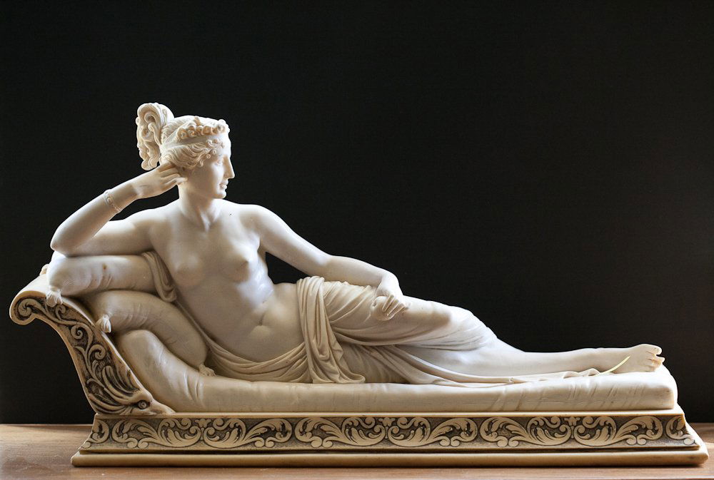 Antonio Canova Alabaster Sculpture: (1) Early 20th century, Italian. White alabaster. After Antonio Canova, A. Santini foundry. Subject: Pauline Borghese as Venus Victrix. Recline nude on a day bed. Damaged: AS IS. Shipping: USPS or Fed