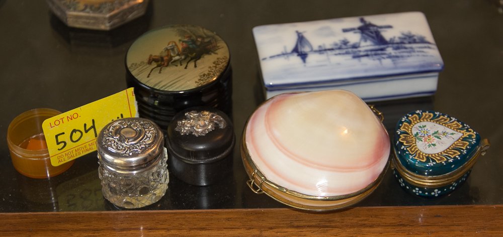Collection of Cache Boxes: (6) Total. Including: hand painted glass, porcelain, seashell, crystal with sterling silver lid, Russian enamel, wood and etc. Shipping: USPS or Fedex. $20.00. We will ship internationally for the act