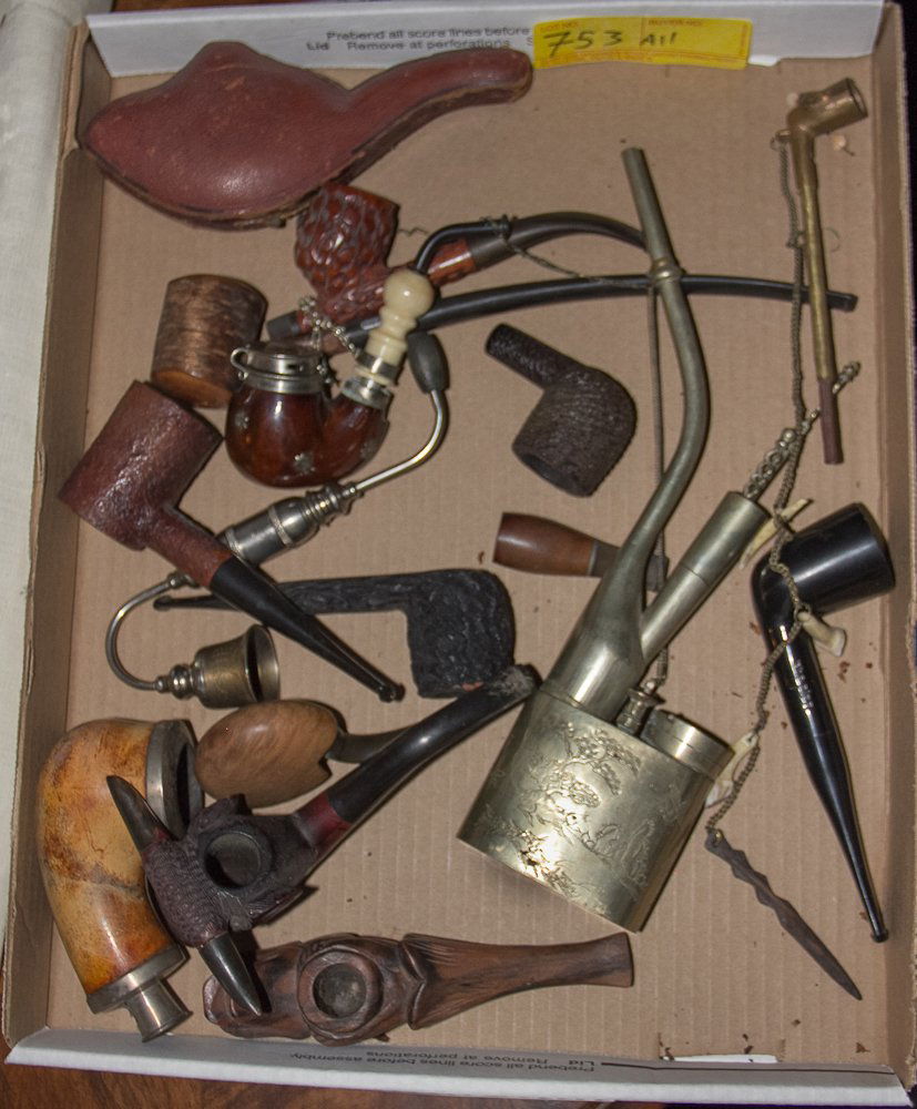 Pipe Collection: (14) Pipes, (1) 6" curved Bruvere Garante (1) ebony marked "The Pipe" (1) Weber Cavalier, (1) John's Spanial, (1) Ropp Deluxe 919, (6) carved wood pipes, (3) metal pipes. Shipping: USPS or Fedex. $40.