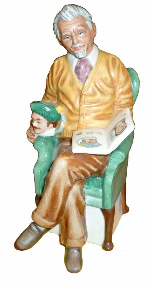 Royal Doulton Figurine: (1) Title: Pride and Joy. 7"h. Subject: older man reading book in chair holding a Toby mug.