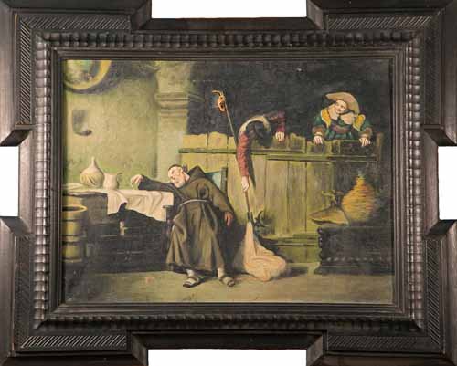Raffaele Frigerio Oil Painting: (1) Raffaele Frigerio (Italian 1875 - 1948) Image size: 11"x 15". Medium: Oil on canvas. Subject: drunk monk. Set in antique ebonized wood frame. Condition: damage-hole in center. Signed lower right h