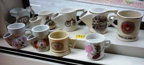 Antique Shaving Mugs: (9) Total. Ceramic and porcelain. (5) with brush holder. Including: Lucky Spots transfer print of man holding four aces, marked on base: Brandenburg; (1) Stand and Deliver transfer print of stage coac
