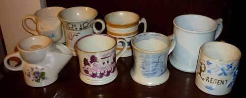 Antique Shaving Mugs: (8) Total. Ceramic and porcelain. (1) marked: Royal Ironstone China Baker & Company Ltd. England; (2) with brush holder. All others unmarked on base.