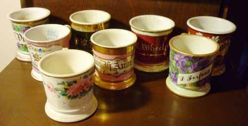 Personalized Antique Shaving Mugs: (11) Total. Ceramic and porcelain. 19th century. Personalized. (1) Marked: GHD France; (1) marked: KPM 45 on base; (1) marked: T & N V Limoges France; (1) marked: Limoges W.G & Company France.
