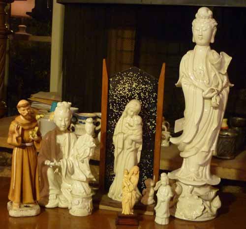 Collection Catholic and Oriental White Porcelain: (7) Total. Largest: 18 1/2"h Quan Yin figurine.