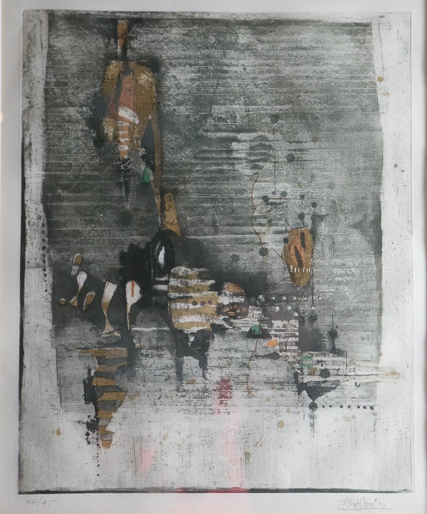 Johnny Friedlaender Abstract Lithograph: (1) Total. Image size: 17" x 21", overall 27" x 31". Artist: Johnny Friedlaender, 20th century. Medium: lithograph on parchment. Edition: 44/95. Subject: Abstract. Professionally frame and matted. Shi