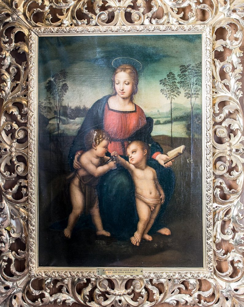 18th Century Oil Painting of The Madonna and the Gold: 18th Century Oil Painting of The Madonna and the Gold Finch After Raphael Oil Painting - (1) Total. Image size: 12" x 17". Medium: Oil on canvas. Title: The Madonna and the Gold Finch. Shipping Price: