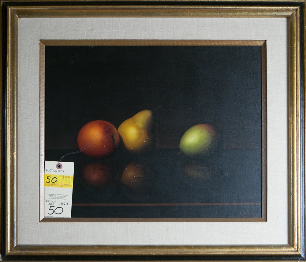 Al Jackson Still Life Oil Painting: Al Jackson Still Life Oil Painting - (1) Total. Al (Alfred) Jackson (1940 - 2001) Image size: 20" x 15". Medium: Oil on canvas. Subject: fruit still life on table. Set in a gilt and ebonized frame. Sh
