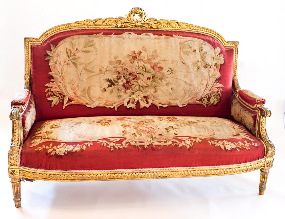 French Louis XVI/Napoleon III Style Canapé: French Louis XVI/Napoleon III Style Canapé, Sofa - (1) Total.47"h x 66 1/2"l x 27"d. Third quarter of the 19th century. Gilt wood and tapestry. LOCAL PICK UP ONLY