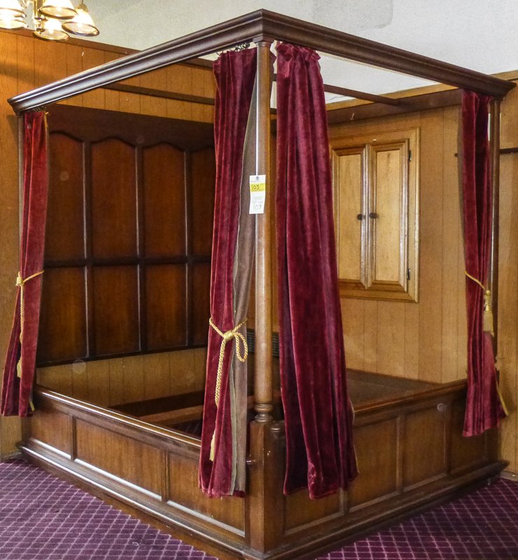 English Renaissance Style Bed: English Renaissance Style Bed - (1) Total.78 1/2"h x 88"l x 67"w. 20th century. Oak. Four poster. LOCAL PICK UP ONLY