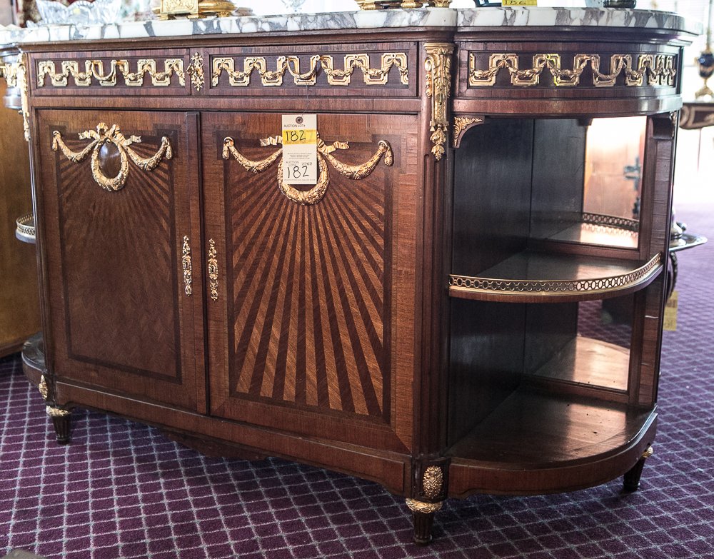French Louis XVI Buffet: French Louis XVI Buffet- (1) Total.42"h x 70"w x 23 1/2"d. Late 19th - early 20th century. Mahogany. Gilt bronze mounted parquetry. LOCAL PICK UP ONLY