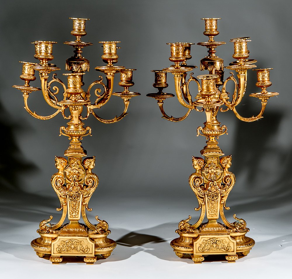 19th Century Regence Candelabras: Regence Style Candelabras - (2) 25"h. Late 19th century. Gilt bronze. Nine founts. Shipping Price: $75