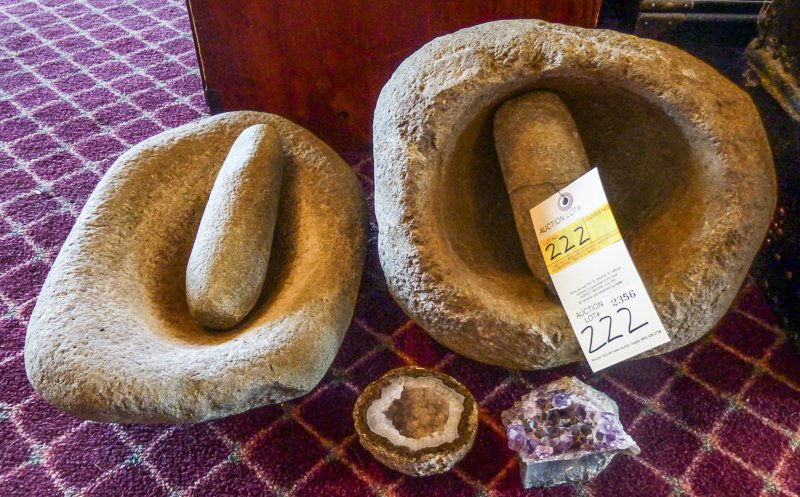 Mortar and Pestle and Geodes: Mortar and Pestle and Geodes - (Lot) Including (2) Mortar and pestles, largest: 13"h x 12"w and (2) Crystal geodes, largest: 4"dia. LOCAL PICK UP ONLY