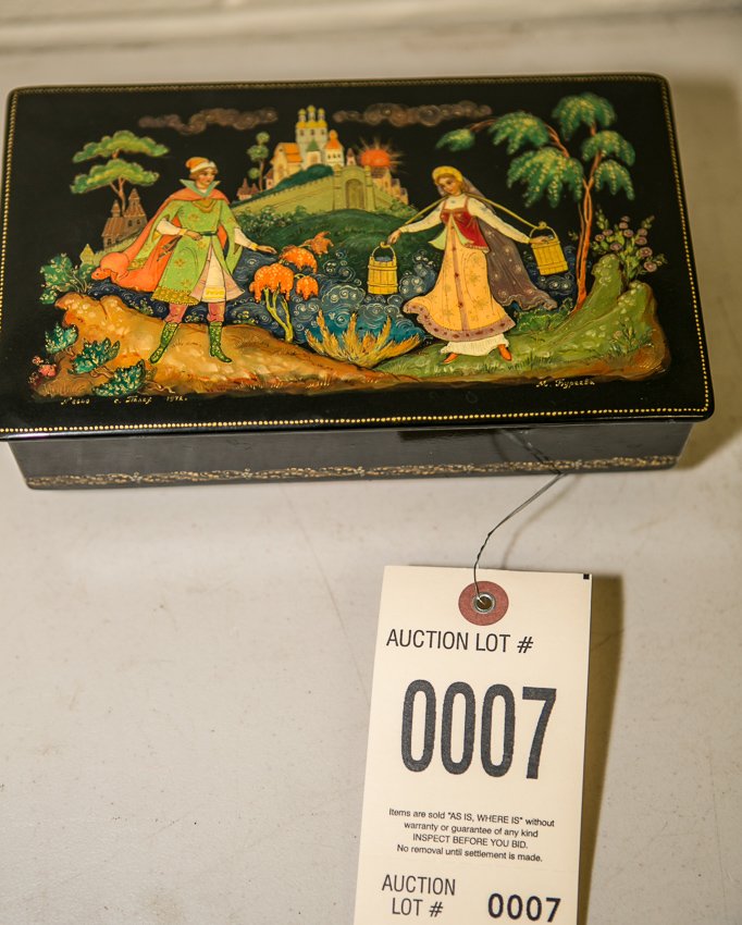 Reuge Russian Lacquered Swiss Musical Box: (1) 8" x 4" Russian Lacquered music box. Black lacquered exterior. Signed and dated 1972. Red lacquered interior. Reuge, Edelweiss Swiss movement and paper label. Hinged top, Footed base. Condition of