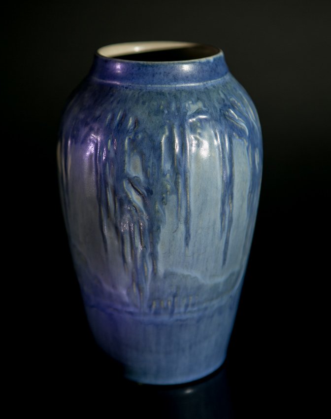 Sadie Irvine Newcomb College Vase: Size: 8 1/2"h. Medium: ceramic with blue and green glaze. Artist: Sarah Agnes Estelle (Sadie) Irvine (1887-1970, New Orleans, Louisiana). Subject: moss laden trees beneath a large full moon. Date: cir