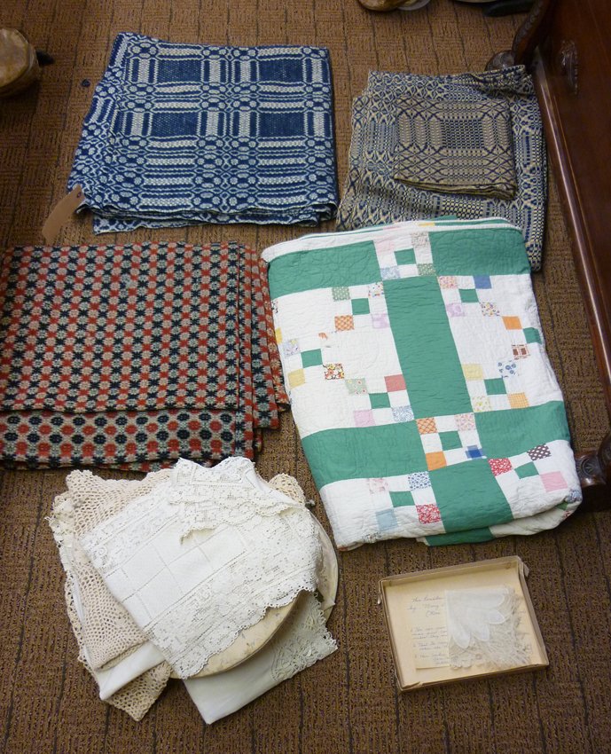 Quilts and Textiles: 19th Century quilts and linens, Including: (2) Quilts, (3) blue and white blankets, tablecloths, handkerchiefs and etc.