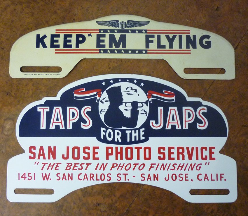 WWII License Plate Toppers "Keep'EmFlying" & Pearl: 1) WWII License Plate Metal Topper "Keep 'Em Flying". Made by the Mayer Manufacturing Corp. of Chicago, IL. Size: approx. 10"l x 3"h overall. Condition: Good, in unused shape with minor storage wear, 