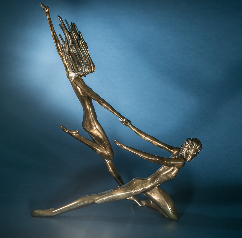 Tom Bennett, Counterpoise, Bronze Sculpture: (1) 16"h x 13"w. Medium: solid brass sculpture. Title: Counterpoise. Subject: dancing nude male and female. Edition: 245/250