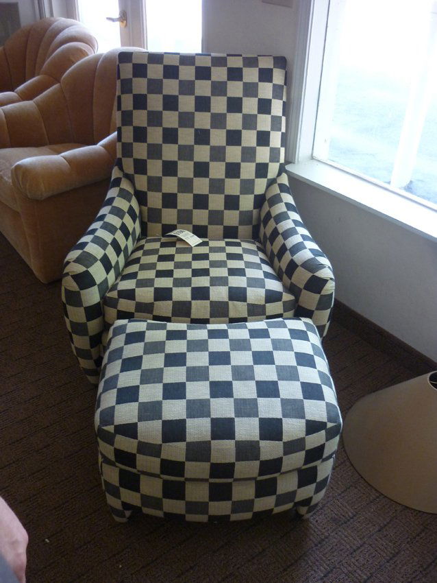 Donghia Occasional Chairs and Ottoman: (1) Donghia / John Hutton. Black, gray and beige checkered upholstery. Straight back with flared arms. Single cushion. Upholstered feet. Includes ottoman.