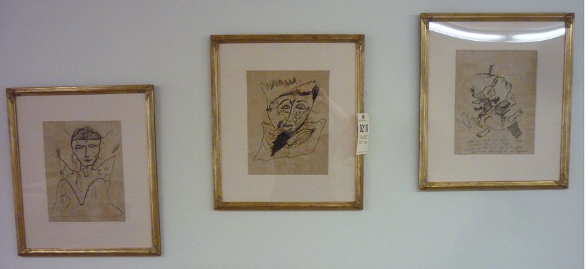 Jamali Multi Media Paintings: (3) Total. Image size: 10 1/2" x 13". Medium: multi media paint on thin cut wood veneer. Subject: abstract figural. Framed and matted.