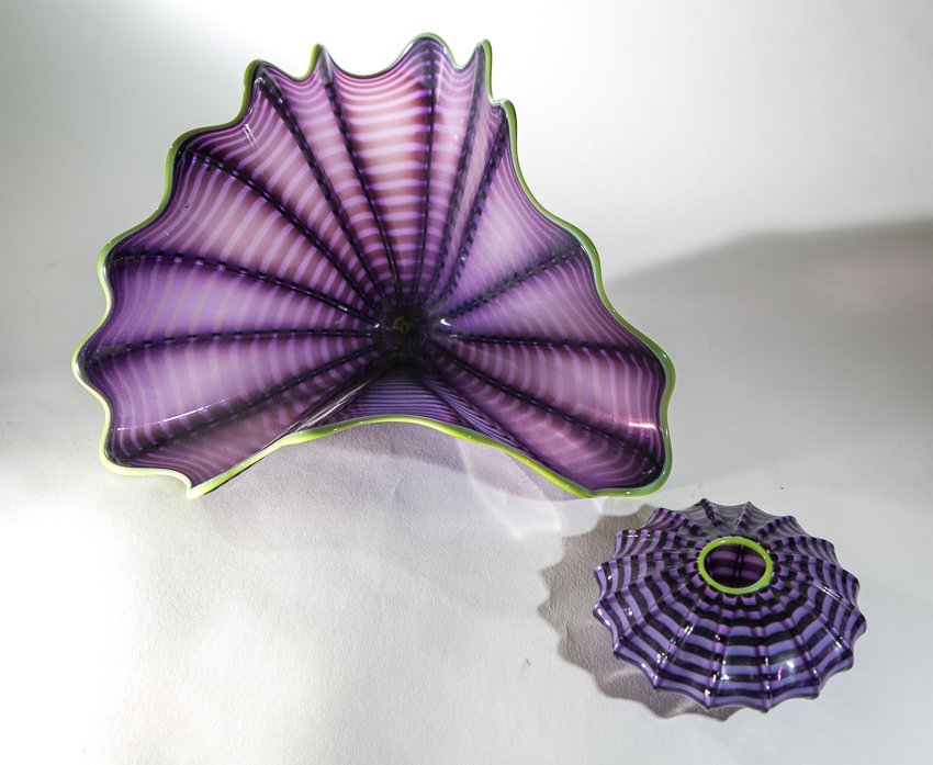 Dale Chihuly Art Glass Sculptures: Artist: Dale Chihuly (Contemporary). Medium: Hand blown glass. Subject: Purple with black striations and a green rim. Title: Imperial Iris Persian. From: Sea forms series. Date: 1999. Including: (1) S