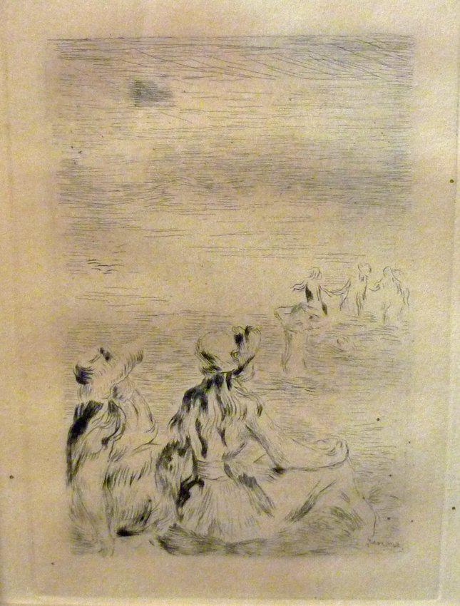 Pierre Auguste Renoir Sur La Plage Etching: Image size: 5 3/8" x 3 5/8", overall 18" x 14". Artist: Pierre Auguste Renoir (French 1841-1919). Medium: Etching on paper. Title: "Sur La Plage" "On The Beach". Subject: Julie Manet, Berthe Morisot's