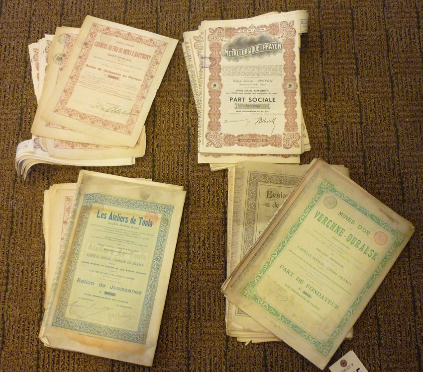 Collection of Stocks/Bonds: Including: (1) book of Boulonneries de Saint-Pertersbourg; (1) book of Les Ateliers de Toula; (1) book of Mines d'Or Verchne-Ouralsk; (1) book of Chemins de fer de Mons a Hautmont; (1) book of Metallu