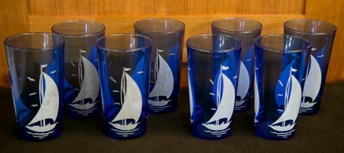 Hazel Atlas Cobalt Sailboat Glasses: (8) 5"h. Cobalt.