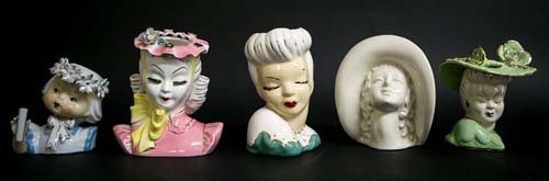Ladies Head Vases: (5) Total. Largest: 6"h. Including: (1) maker mark: N inside a circle, (1) maker mark: horseshoe, (1) marked: Barbara and etc.