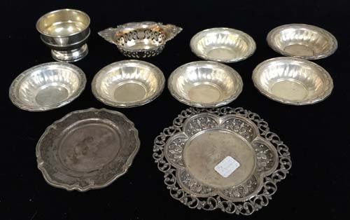 (10 pcs) Sterling Silver Butter Pats, Egg Cups and: (10pcs) Various makers, (10pcs) Including: (6) Towle butter pats; (1) International egg cup; (1) Gorham master salt; (1) J. Trvara butter pat; (1) German pierced butter pat. Total weight 8.31 ozt.