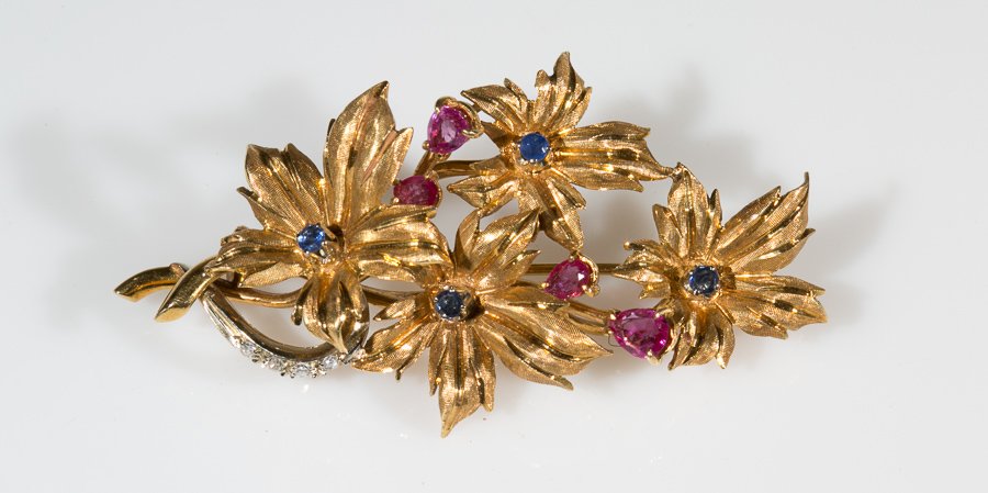 Designer Ruby, Diamond and Sapphire Brooch (1 of 3)