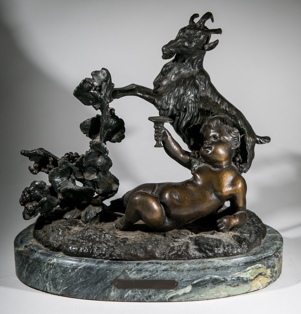 Claude Michel Clodion Bronze Sculpture: (1) After Clodion. 10 1/4"h x 11 1/2"w. Subject: Young male figure, possible Dionysus with wine glass and rearing mountain goat.
