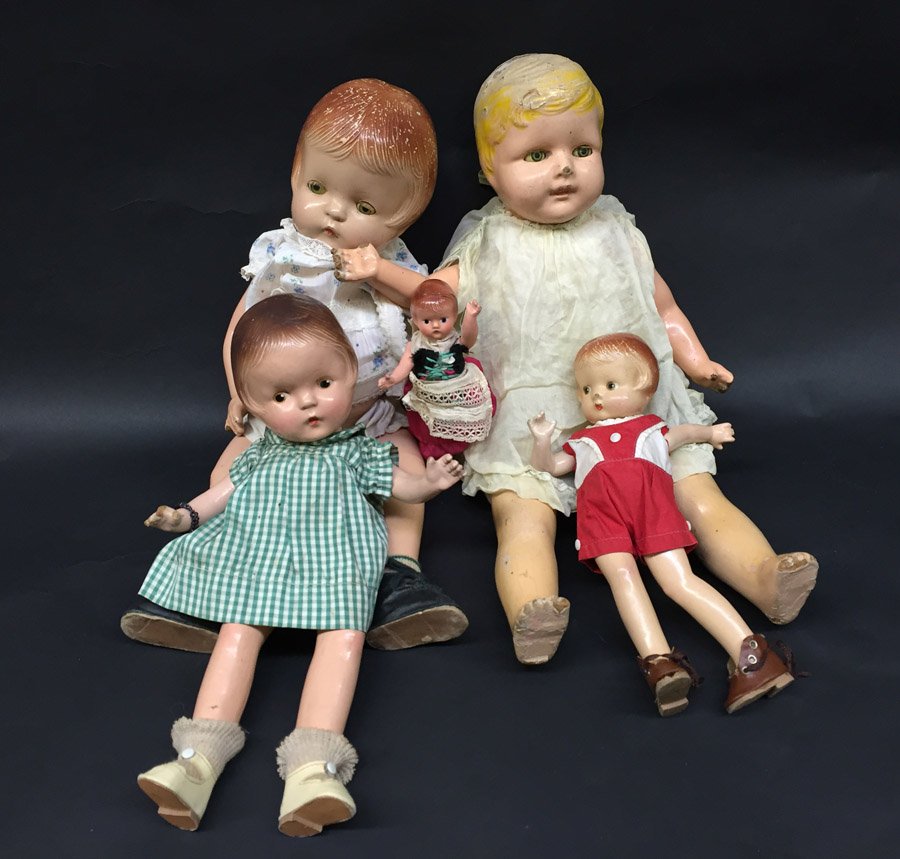 (5) Antique/Vintage Effanbee Dolls: Including: (1) 6" composition; (1) 9" composition, Effanbee Patsyette; (1) 12" in green dress; (1) 16" composition limbs and head with a cloth body and sleepy eyes; (1) 17" Effanbee Patsy Joan.