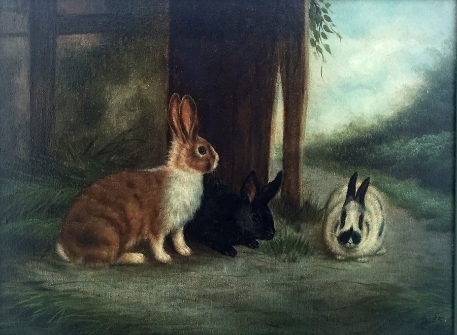 19th Century Rabbit Oil Painting