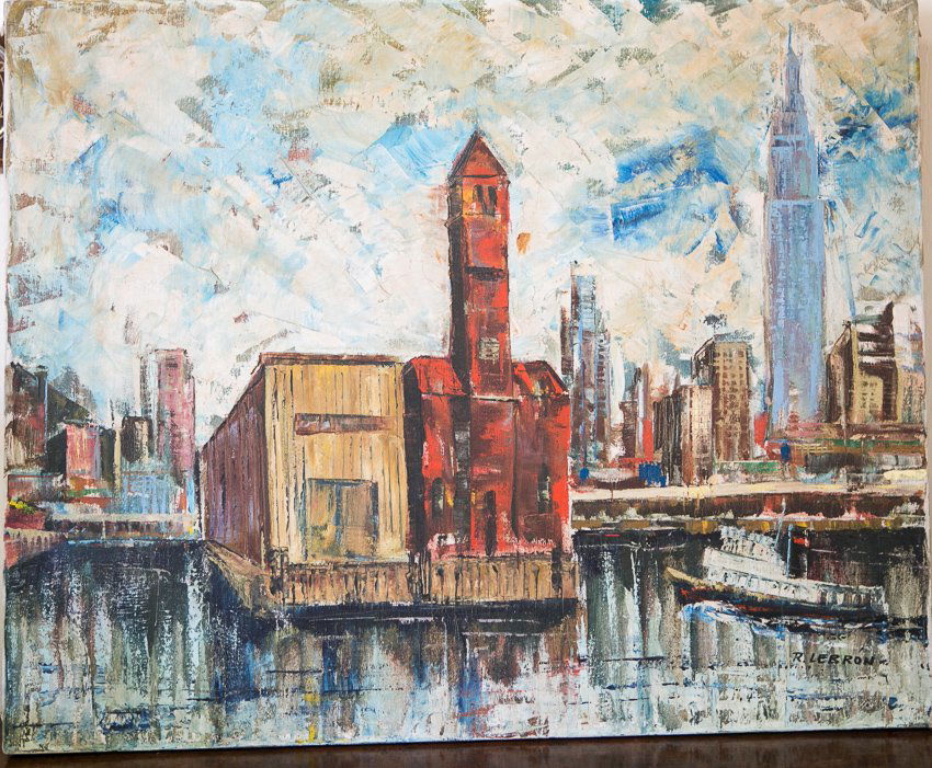 Robert Lebron Cityscape Oil Painting: Image size: 24" x 30". Artist: Robert Lebron (1928-2003, New York). Medium: oil on canvas. Subject: Impressionistic New York city scene from harbor. Signed lower right hand corner. With gallery paper
