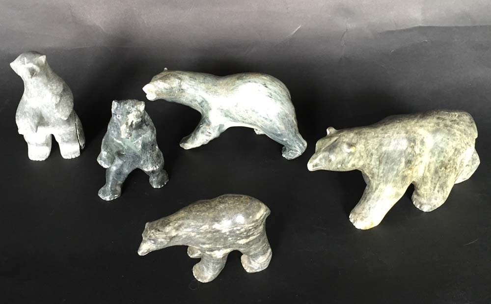 (5) Alaskan Carved Stone Bear Figures: Largest: 7"w. Artists include: J. Ayer, David Seolook, Saclanana, Luke, Ben.