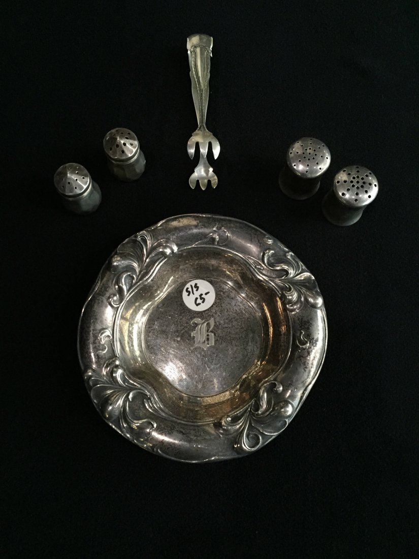 (6) Sterling Pieces: Including: (1) 5 3/8"dia. Gorham ashtray, engraved: B. (1) 4" Shreve & Co sugar tongs. (2) D.S. Spaulding salt and pepper. (2) Frank Smith salt and pepper. Total weight for all 4.265 ozt