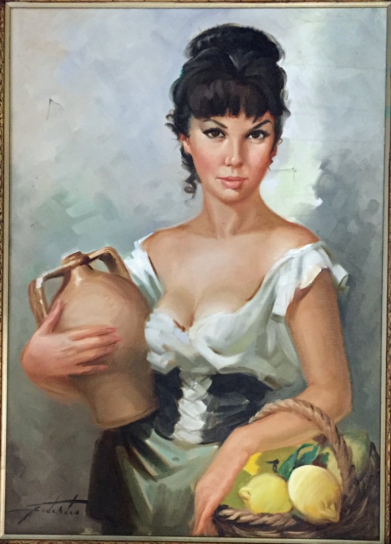 Oil Painting: Image size: 19 3/4" x 27 3/4", overall size: 34 3/4" x 25 3/4" Medium: Oil on canvas. Subject: 19th century Mediterranean women carrying jug and basket of lemons. Signed in lower left hand corner. Fra