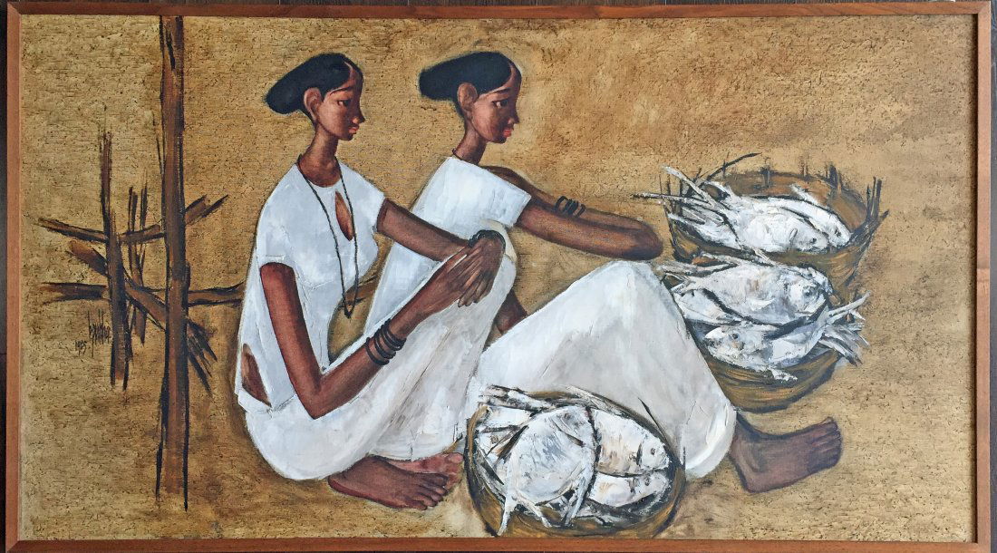 B. Prabha Oil Painting: Artist: B. Prabha (Nagpur/Bombay India)Image size: 54" x 29 3/4", overall 55 1/2" x 31". Subject: two women sitting in white dresses with three baskets of fish. Date: 1965. Signed left hand: 1965 B. P