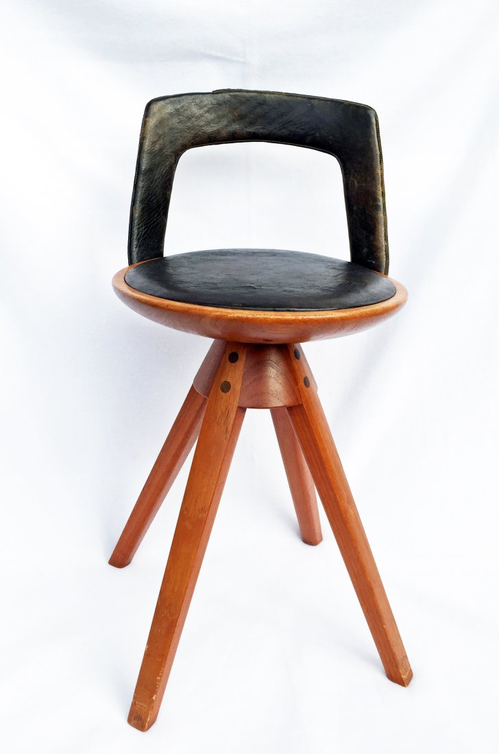Thorald Maden Snedkeri Tove & Edvard Kindt-Larson Stool: (1) 25"h, seat: 12 3/4"dia. 1957, Denmark. Walnut body with peg construction. Leather seat and back. Original metal signature tag.