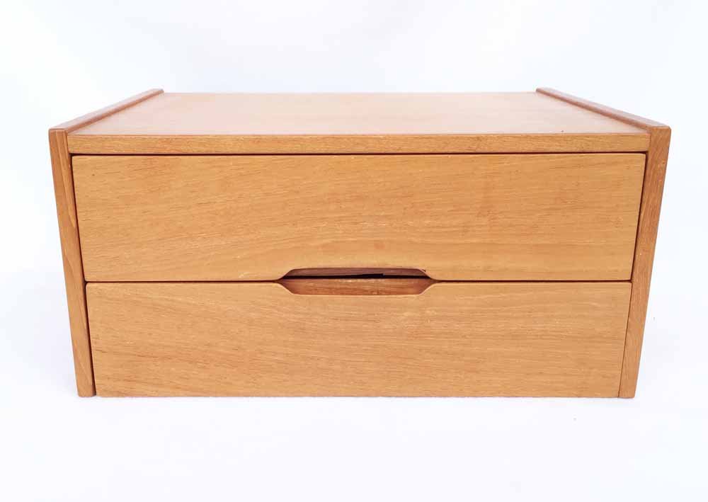 Danish Modern Two Drawer Flatware Cabinet: (1) 7 1/2"h x 16"w x 12 3/8"l. Teak. Stamped on back: Aksel Kjersgaard Odder, Made in Denmark. No 32