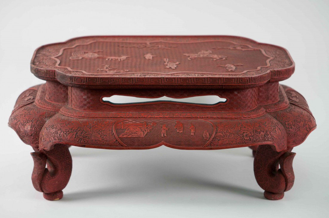 A Chinese Antique Cinnabar Stool: 19th. C., 22" long, 16" wide and 9" tall. The packed table is oversized, so please send an e-mail for the estimate of the shipping cost before the bidding.