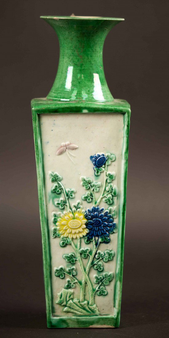 A Carved Square Green Vase: 19th. C., 10" tall and 3.25" wide. The shipping cost is $35 plus insurance in the US (excluding Hawaii and Alaska).