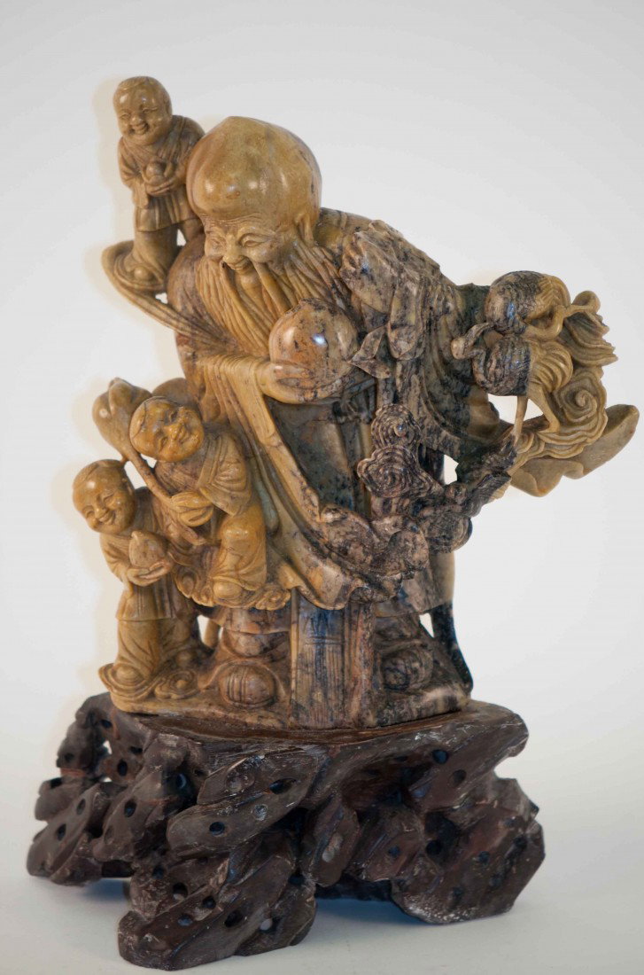 A Chinese Soapstone Longevity God: 14.5" tall, 9" wide and 4.5" deep