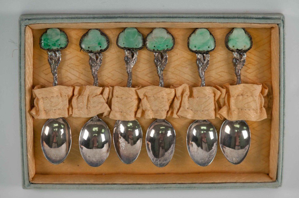 A Set of Chinese Silver Spoons Inlaid with Jadeite: 19th. C., the spoon is 3.5" long, and the Buddha head is about 0.75" wide