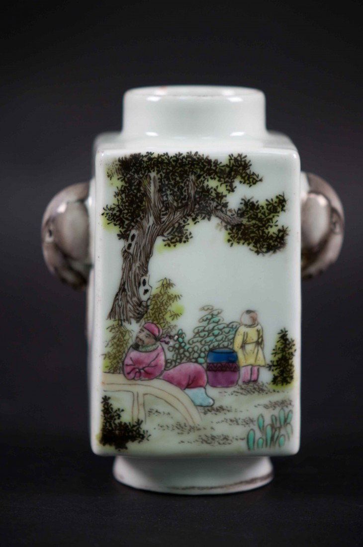 A Famllie Rose Square Vase in Scholars: 19th. C. 4.5" tall and 3.25" wide.