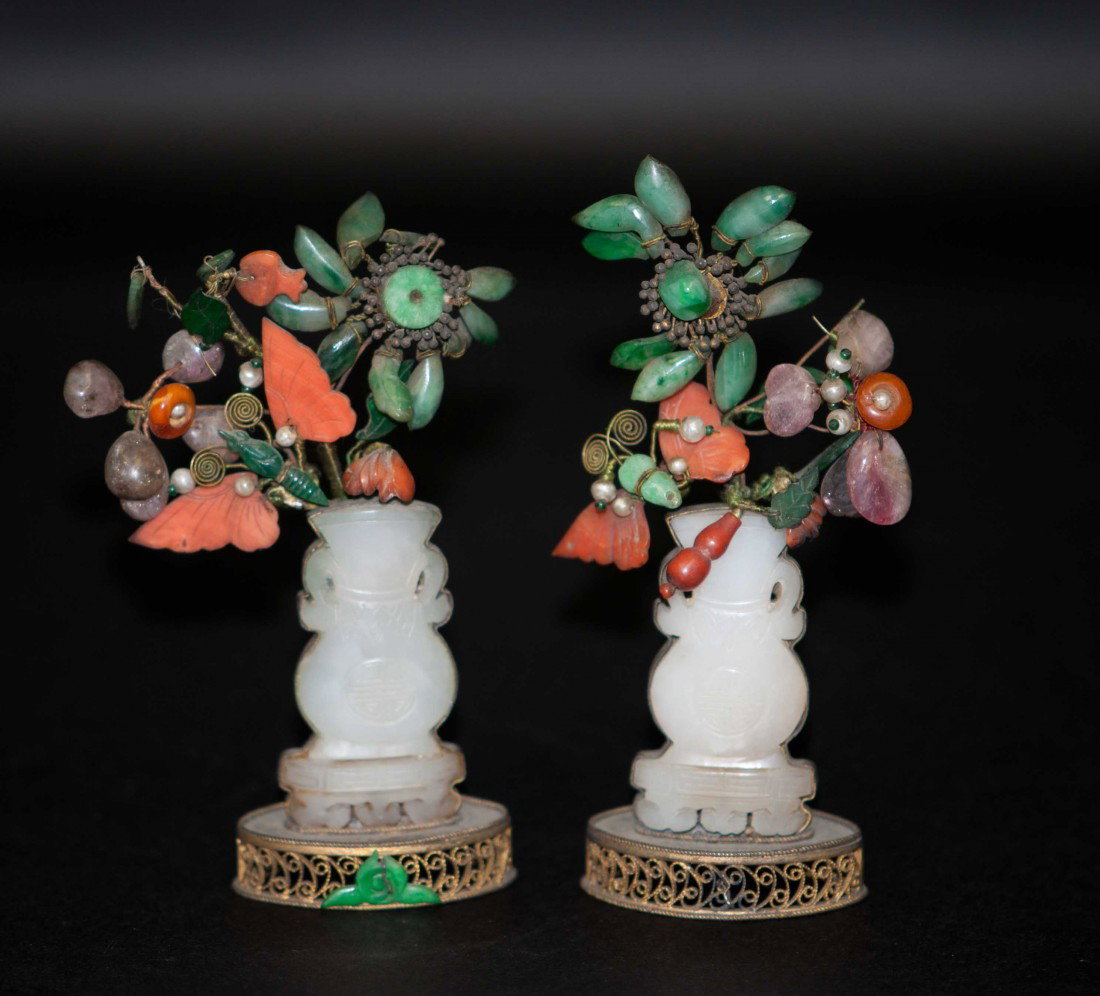 Chinese Gilt Jade Trees with Jadeites,pearl,corals: They are a pair of precious stone trees. The white jade piece is inlaid into a gilt bronze vase with a tree atop, which is made from jadeites, jades, pearls, corals and rose quartz. 4.25" tall, and th