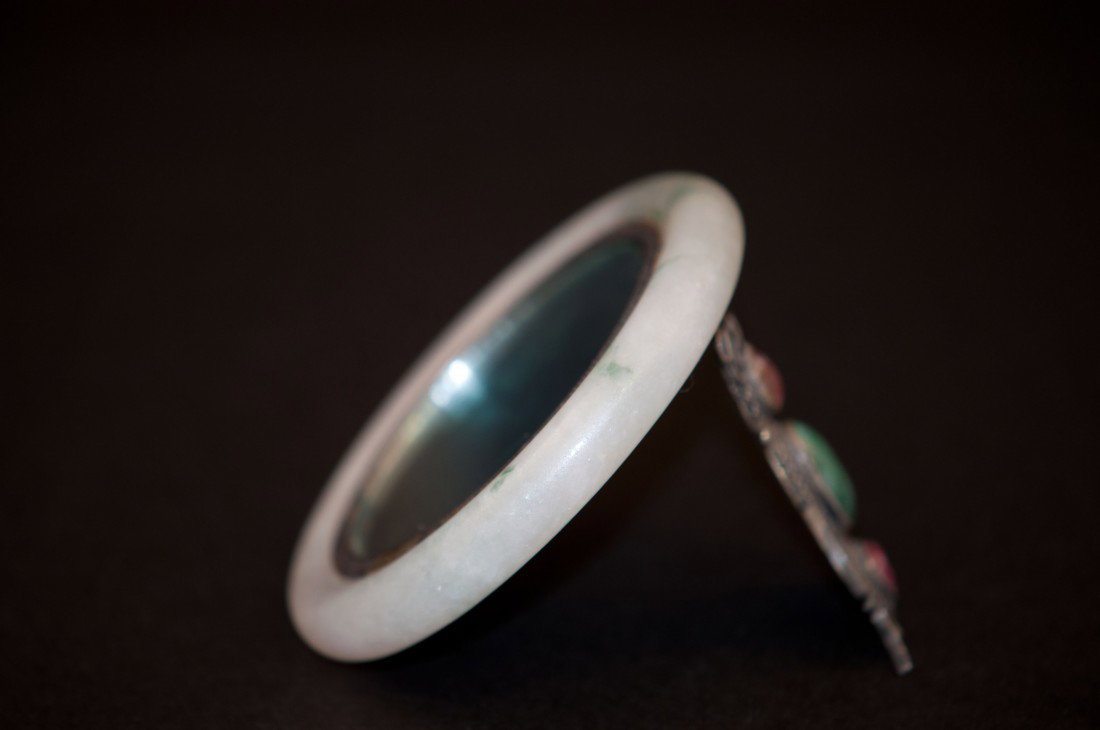 Chinese Jadeite Silver Mirror with Precious Stones: The jade bangle is 3.25" wide., 19th. C. In very good condition.