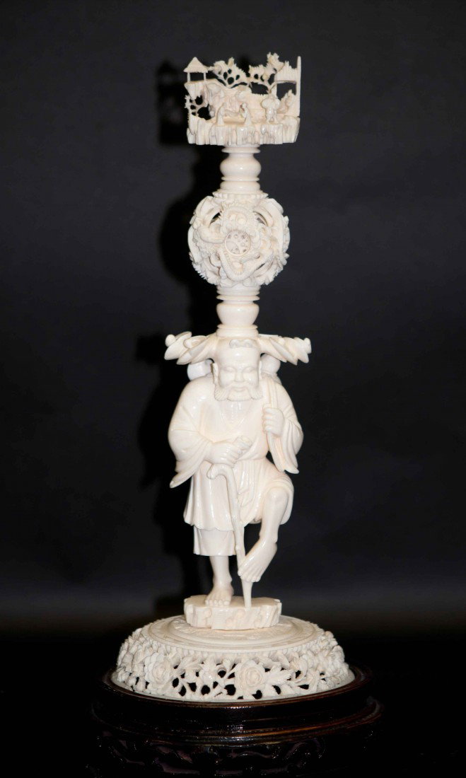 Chinese Ivory Man with Puzzle Ball: The ivory is 12" tall with a lot of details. Good condition. This piece can only be shipped in the US.